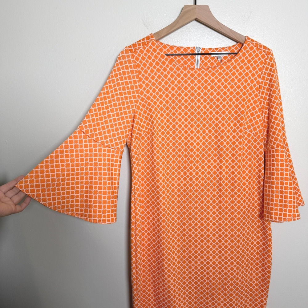 Tyler Boe Orange White Geometric Lattice Bell Sleeve Shift Dress Large 60s Retro - Picture 7 of 9